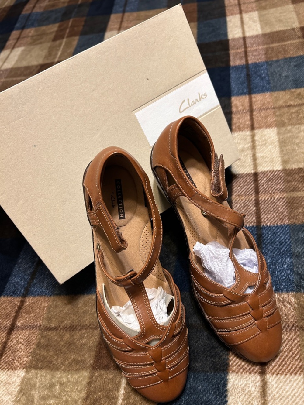 Clarks Tan Leather T-Strap Flats